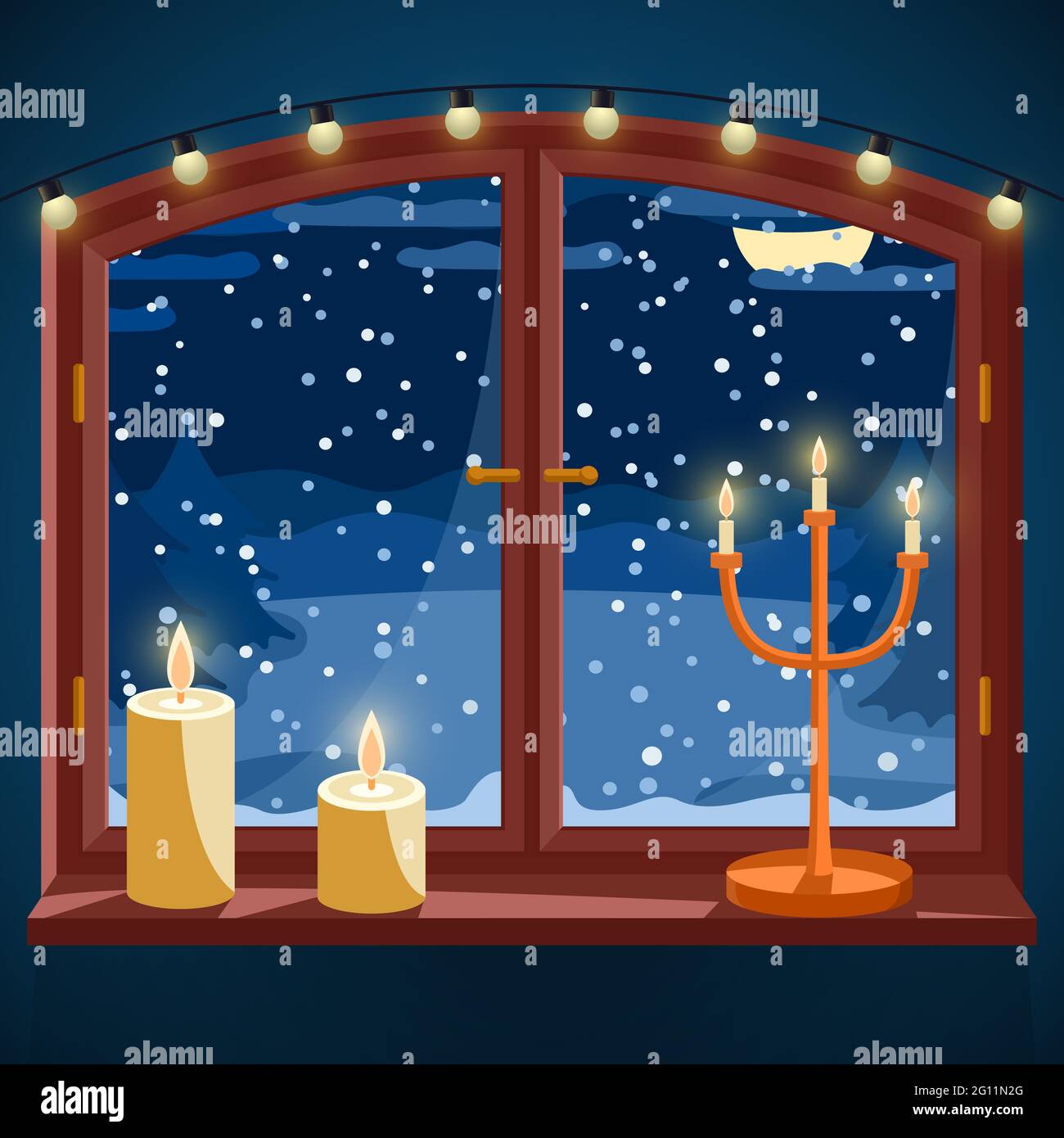 Winterfenster mit Kerzen, Kerzenhalter und heller Girlande bei Nacht, verschneite Landschaft mit Fichten durch Nachtfenster, magische Nacht illustrr Stock Vektor