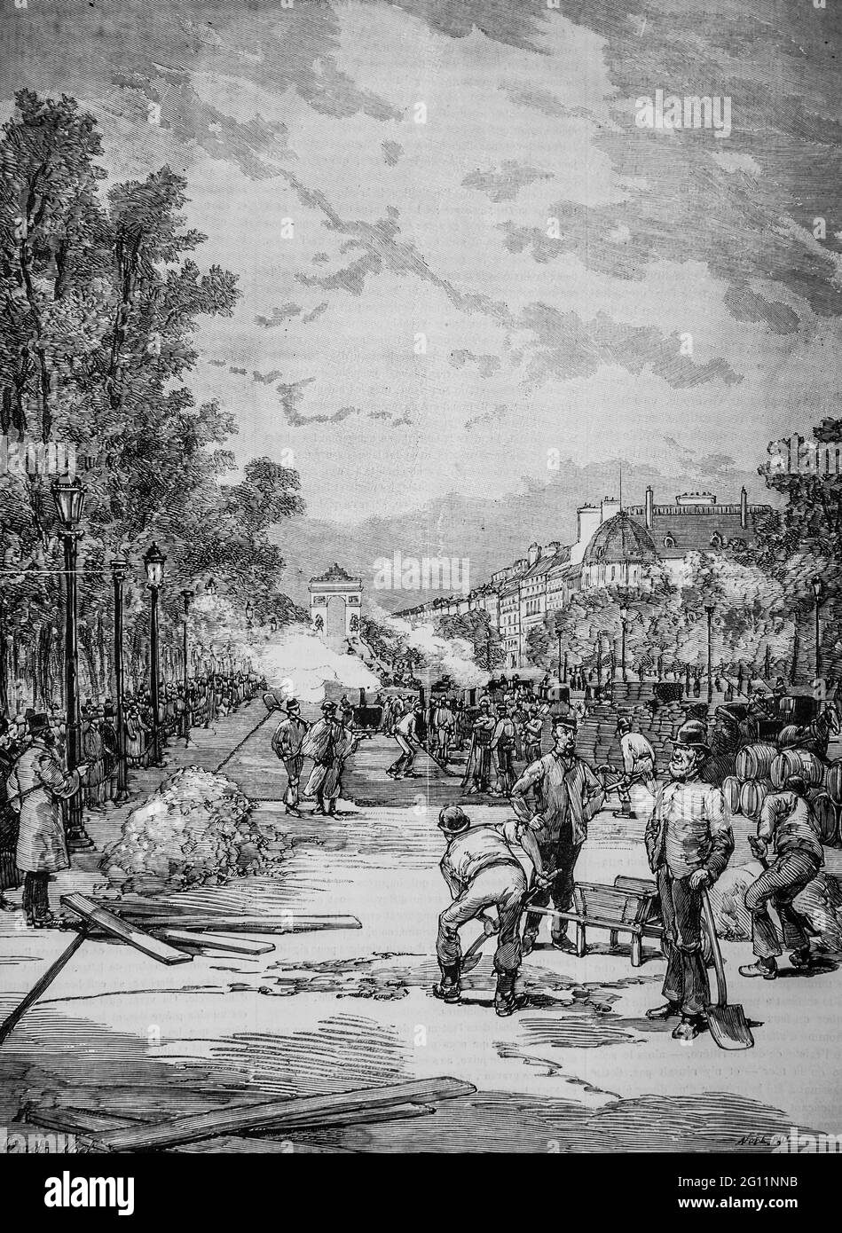 la construction du nouveau pavage en bois de l'Avenue des champs elysees ,l'univers illuste 1882,editeur librairie nouvelle Stockfoto