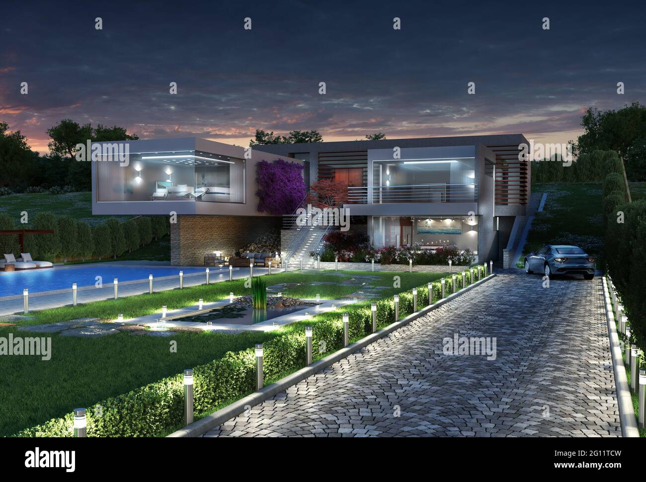 3D-Illustration eines modernen Luxushauses mit Pool, nachts, mit einem zeitgenössischen, originellen architektonischen Design. Stockfoto