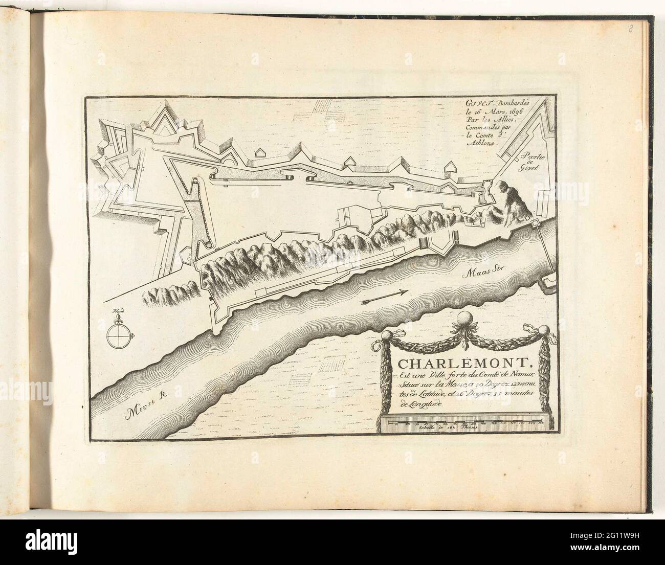 Karte des Fort Charlemont, 1696; Charlemont, Est Une Ville Forte du Comté de Namur (...); Le Theatre de la Guerre, Dance Les Pays-Bas, Ou Representation des Principales Villes Qui sont and Flandres, Hennegau, Brabant & c. Avec Leurs Befestigungsanlagen (...) Premier Volume. Karte der Befestigungsanlagen des Fort Charlemont in der Stadt Givet auf der Maas in De Graafschap. Aufgenommen von den Alliierten am 16. März 1696. Ist Teil des ersten Teils des Bildes: Le Theatre de la Guerre, Dance Les Pays-Bas, veröffentlicht im Jahr 1696. Dieser Abschnitt enthält 25 Tafeln mit Plänen (von Sébastien Le Prercre, Seigneur de Vau Stockfoto