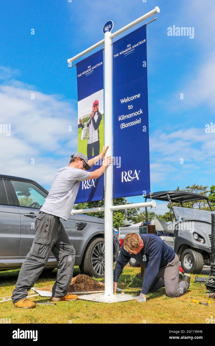 Troon, Großbritannien. Juni 2021. Der Kilmarnock (Barassie) Golf Club und die „R and A“ bereiten den Barassie Links Course vor, um für die 118. Amateur Golf Championship der Damen, die am 7. Juni beginnt, mit den letzten Runden am 12. Juni, bereit zu sein. Der Wettbewerb, der unter strengen Auflagen ausgetragen wird, hat mehr als 100 nationale und internationale Teilnehmer angezogen, die um die historische Trophäe und die Teilnahme an den AIG Womens Open, den US Womens Open, den Evian Championships und den Augusta National Womens Amateur Championships konkurrieren, Credit: Findlay/Alamy Live News Stockfoto