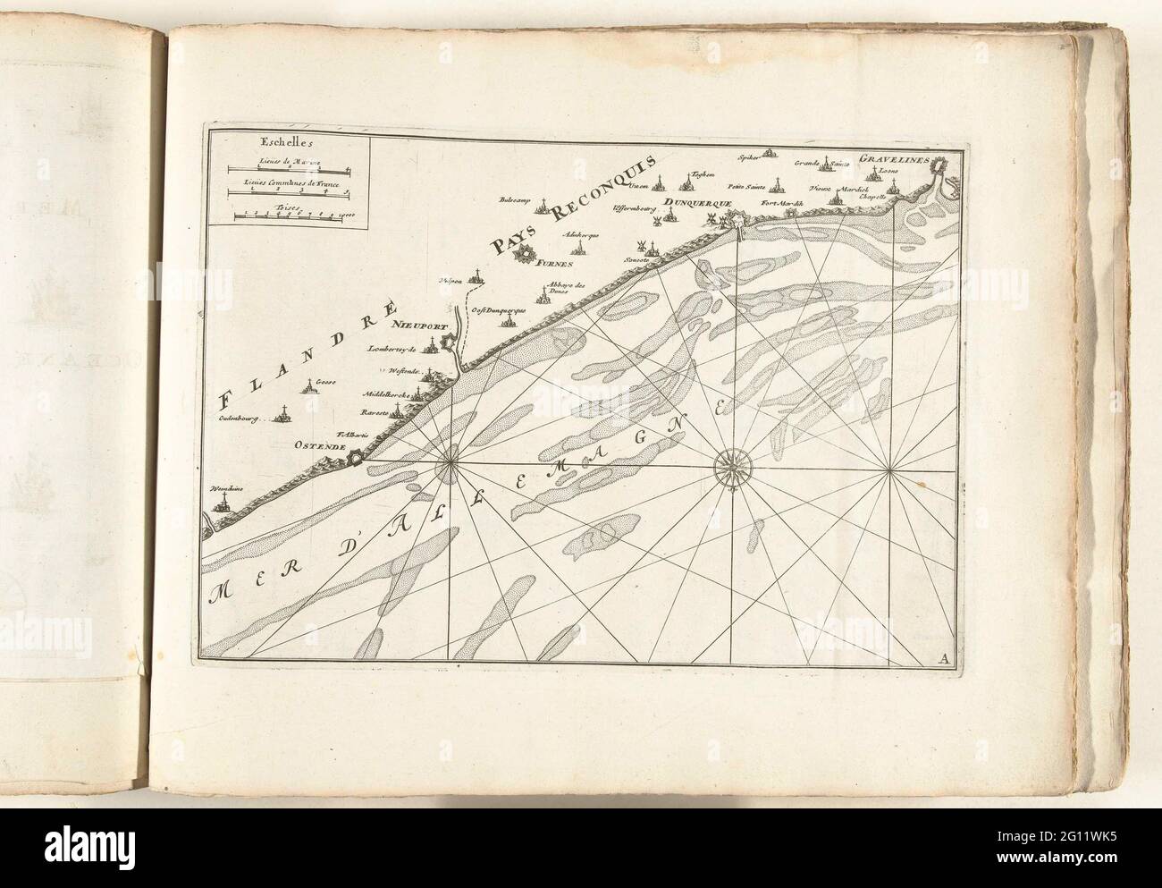 Karte der flämischen Küste, ca. 1702; Les Forces de l'Europe, Asie, Afrique et Amerique, Ou Beschreibung des Principales Villes Avec Leurs Fortifikations. Dessignées PAR LES MEILLEURS Ingenieure, private Party Celles Qui sont Sous La Domination de la France (...) Et Ornées the plusieurs Superbes Edifes. Karte der flämischen Küste zwischen Gravelines und Ostende. Unterschrift unten rechts: A. Teil des ersten von zwei Teilen des Bildes: Les Costes de France et d'Espagne (oder Teil 13 von: Les Forces de l'Europe, Asie, Afrique et Amerique), herausgegeben um 1702. Die im Kontext besteht aus einer Summe Stockfoto