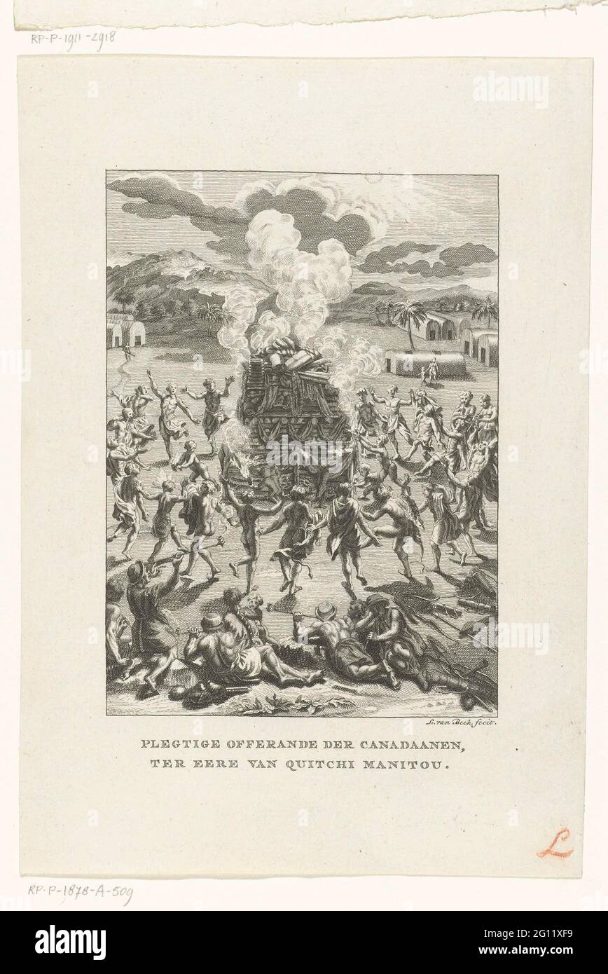 Kanadier bringen Opfer zu Ehren von Quitchi Manitou; Zollopfer der Kanadier zu Ehren von Quitchi Manitou; Religionen. Stockfoto