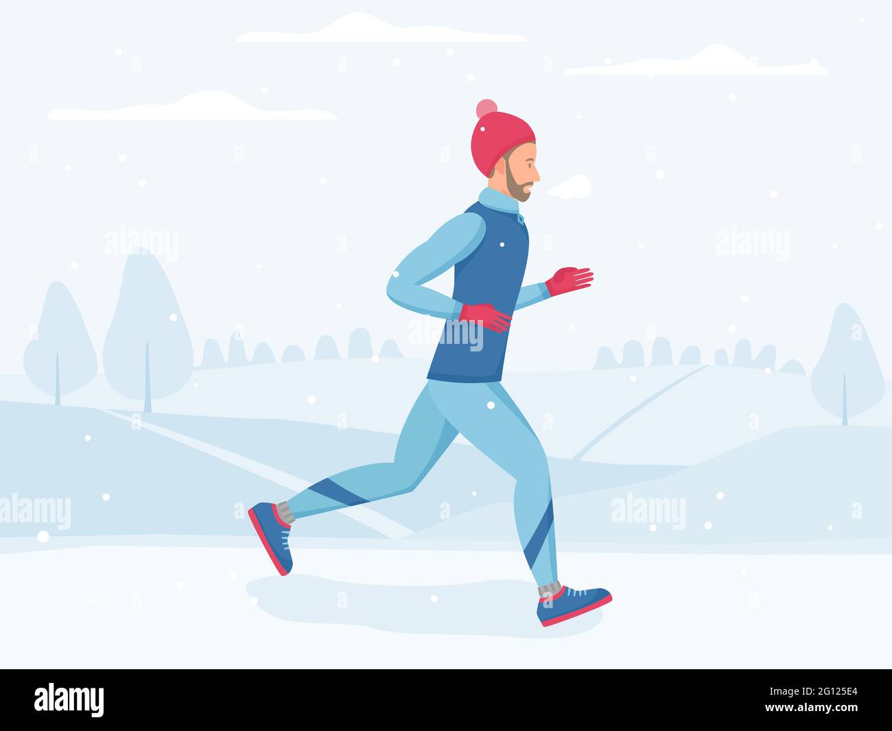 Mann läuft im Winterpark, joggt draußen bei kaltem Wetter, Sport und körperliche Aktivität im Freien bei eiskalter Kälte, Vektor-Illustration in flachem Stil Stock Vektor