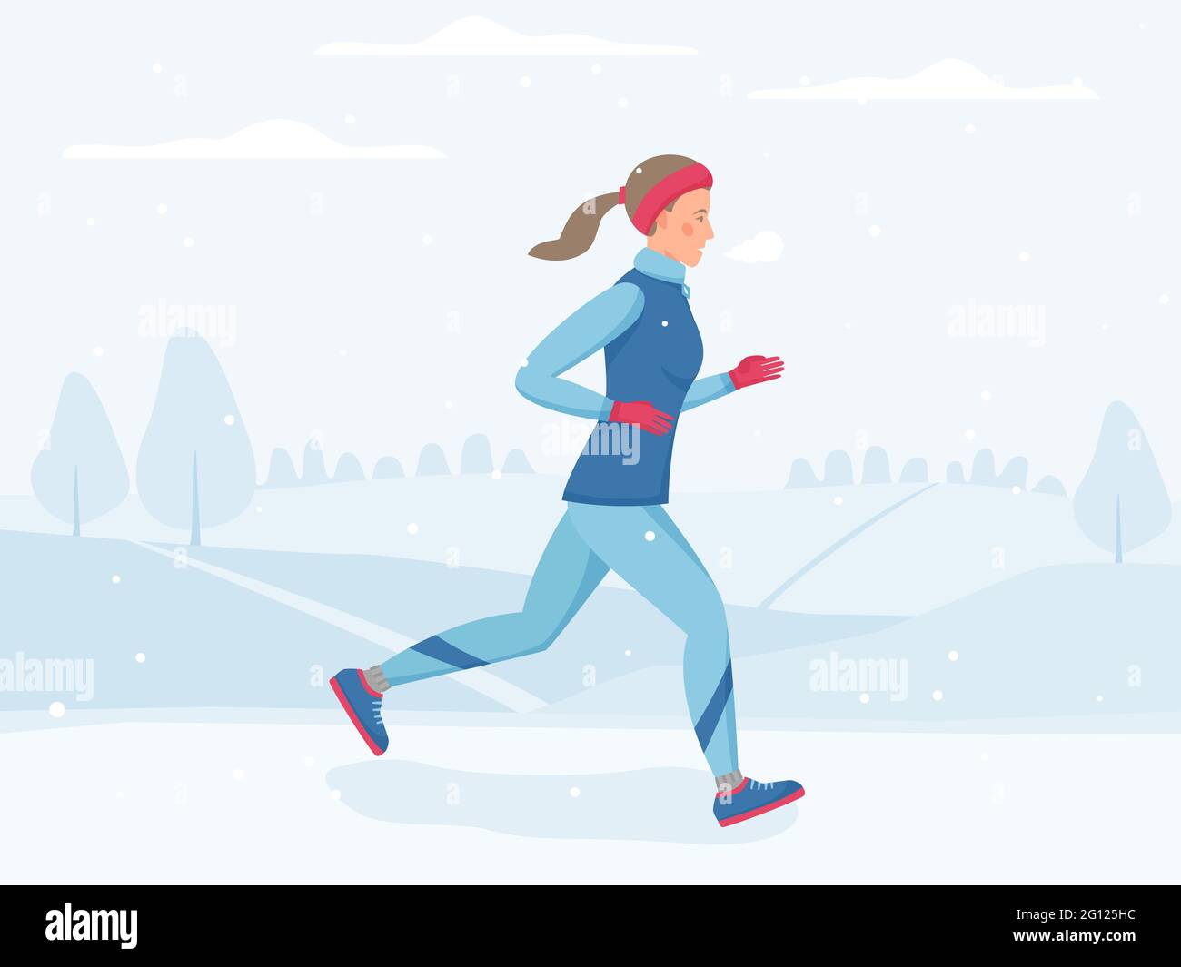 Frau läuft im Winterpark, joggt draußen bei kaltem Wetter, Sport und körperliche Aktivität im Freien bei eiskalter Kälte, Vektorgrafik im flachen Stil Stock Vektor
