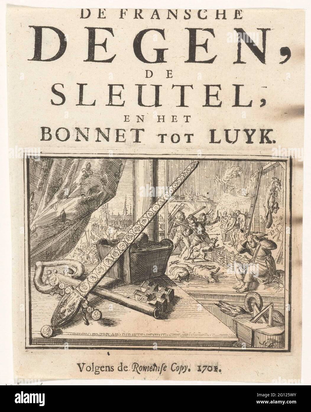 Titelblatt für das Flugblatt: Der französische degen, der Schlüssel und die  Motorhaube zu Luyk, 1701; der französische degen, der Schlüssel und die  Haube zu Luyk; Esopus in Europa. Titelseite für das Flugblatt: