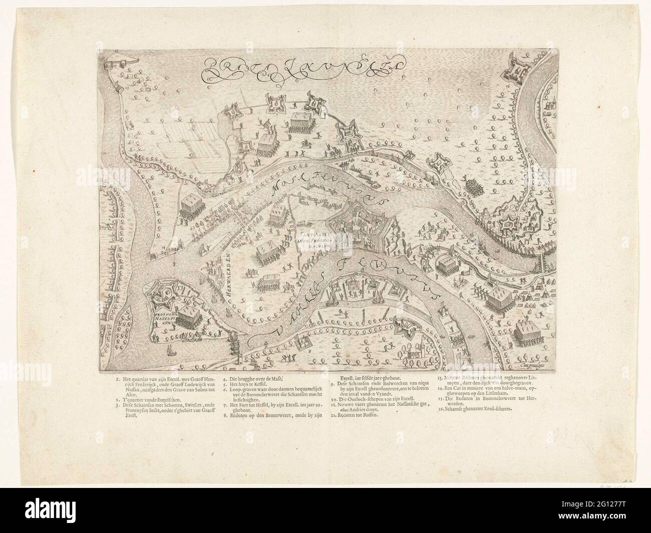 Belagerungszustand und Einnahme von Sint-Andries durch Maurits, 1600. Plan des Gebietes zwischen den Maas und Waal mit den Schansen Sint-Andries und Voorne, bestorped und erobert von der Staatsarmee unter Maurits, Frederik Hendrik und Louis Gunther, Mai 1600. Apart gedruckt unter der Platte de Legenda 1-16 in niederländischer Sprache. Stockfoto