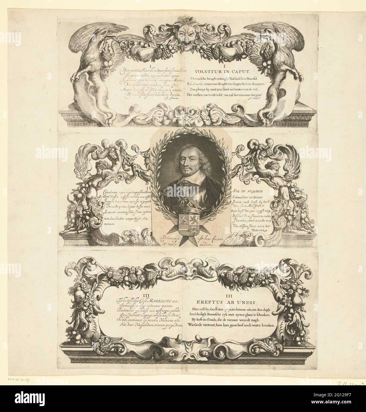 Porträt des Grafen Johan Maurits mit den drei Outeriques in den Drucken des Unfalls in Franeker, 1665. Blatt, auf dem die drei Zierteller mit den Aufzügen gedruckt sind, die zu den Drucken des Unfalls des Grafen Johan Maurits an der Brücke in Franeker am 6. Januar 1665 gehören. Ein Porträt des Grafen steckte in der Mitte fest. Dekorative Kartuschen mit Texten in Niederländisch und Latein nummeriert I-III. Stockfoto