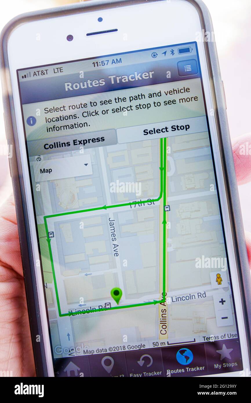 Florida Miami Beach stadtweite kostenlose Trolley öffentlichen  Verkehrsmitteln Route Tracker Smartphone Anwendung Karte Stockfotografie -  Alamy