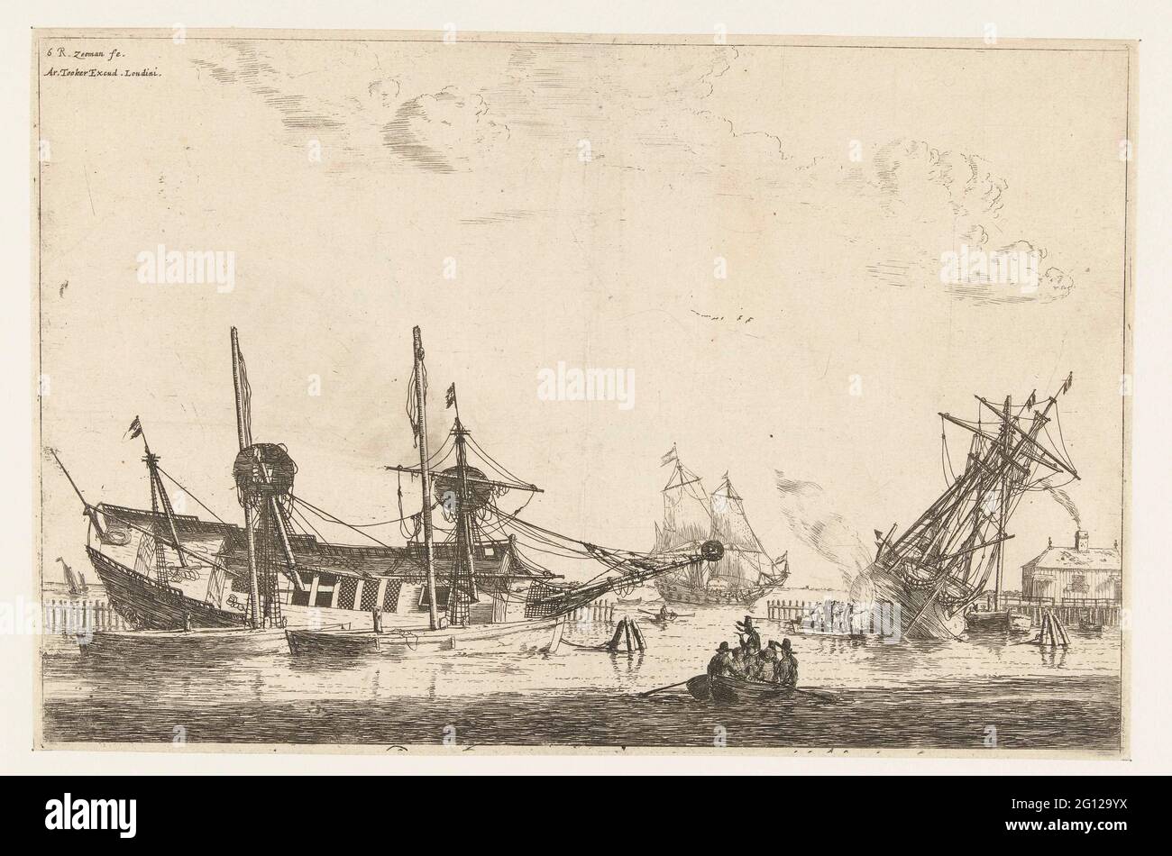 Zwei beschichtete Segelschiffe; dreizehn Szenen mit Schiffen. Ein Hof mit zwei Achterbahnen, auf dem ein großes Segelschiff steht, ein erzähltes Schiff mit Männern, die an der Abdichtung des Rumpfes arbeiten, und ein Ruderboot mit einer Reihe von Menschen darin. Außerhalb des Wellenbrecher eine Reihe von Segelschiffen auf dem Wasser. Stockfoto