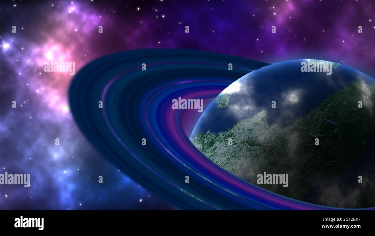3d-Illustration eines erdähnlichen Exoplaneten mit seinem bunten Ring, der von kosmischem Staub und Nebel umgeben ist Stockfoto