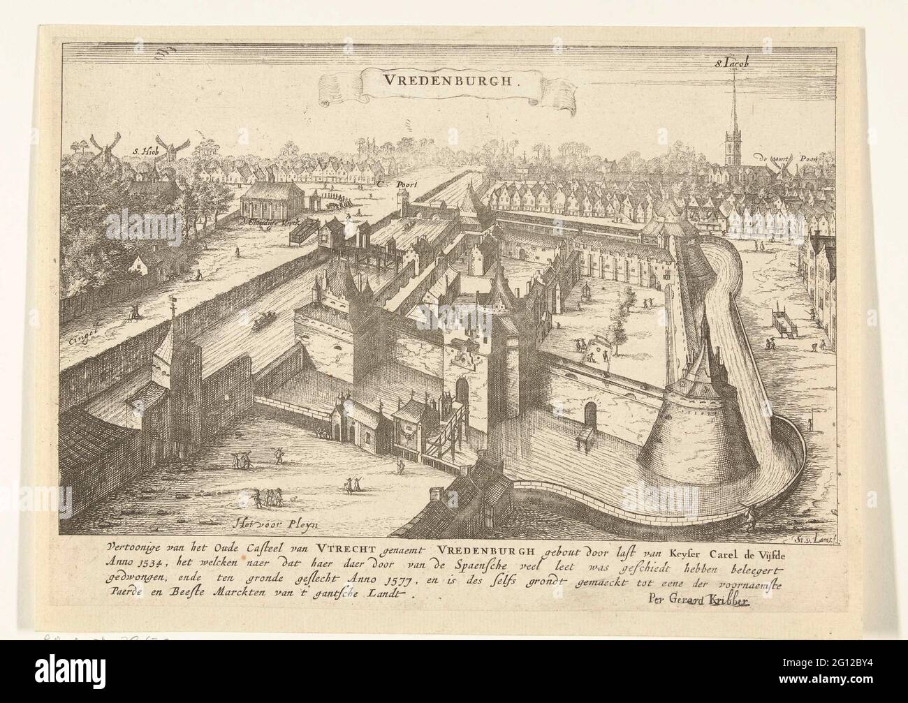 Vredenburg Slot in Utrecht in Wohlfahrt, vor 1577; Vredenburgh. Blick auf den Slot Vredenburg in Utrecht in Wohlfahrt, vor dem Topping und dem Bad im Jahr 1577. Hinter dem Schlitz liegt die Stadt Utrecht, wo einige Gebäude durch Namen reduziert wurden. Die Show ist eine vierzeilige Beschriftung auf Niederländisch. Stockfoto