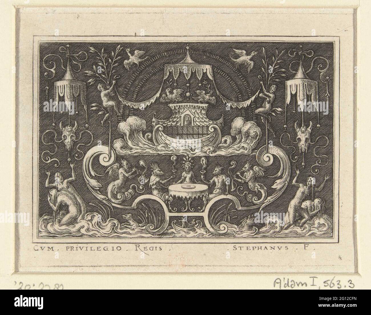 Die Flut; flache Dekorationen mit Szenen aus dem Alten Testament in einem Bilderrahmen aus Grotesken; Ornamentblätter. R.D. 428-433. In der Mitte fährt die Arche Noahs unter einem Baldachin. Aus einer Serie von 6 Blatt. Stockfoto