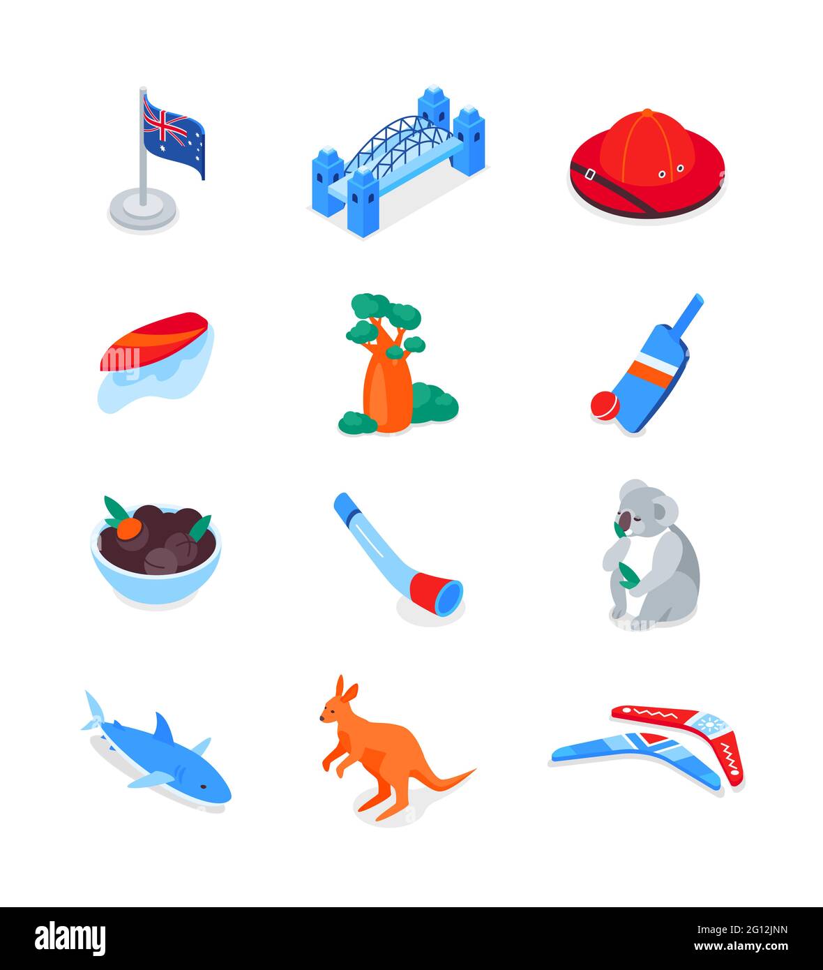 Australische Symbole - modernes, farbenfrohes isometrisches Ikonen-Set. Kultur und Traditionen Australiens. Kangaroo, Koala, Bumerang, Sydney Harbour Bridge, Boab Stock Vektor