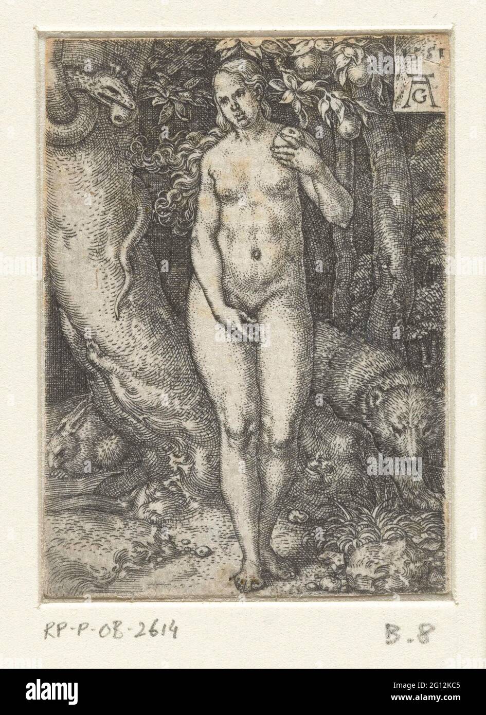 EVA. Eva, von vorne gesehen, nackt und stehend mit der verbotenen Frucht in der Hand. Rechts von ihr der Kampf mit einer Frucht im Baum, hinter dem Baum ein Hase und ein Bär. Zusammen mit einem Druck mit Adam, bildet eine Darstellung des Falls. Stockfoto