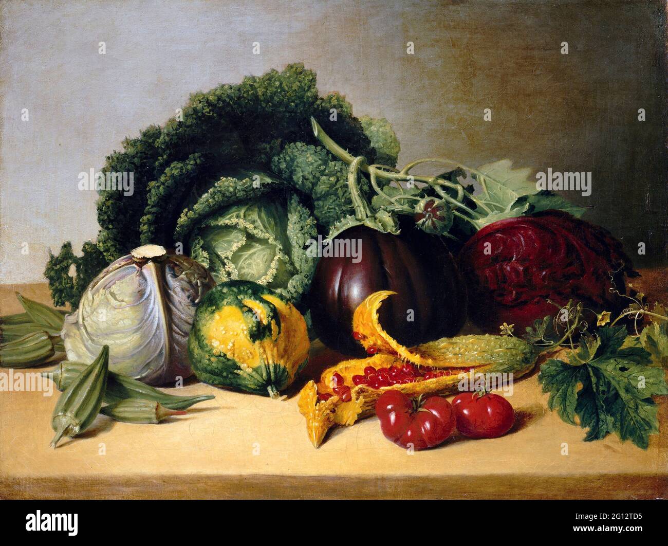 Stillleben: Balsam Apfel und Gemüse von James Peale (1749-1831), Öl auf Leinwand, c. 1820 Stockfoto