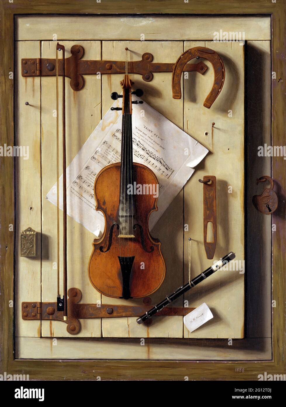 William Harnett. Stillleben – Violine und Musik von William Michael Harnett (1848-1892), Öl auf Leinwand, 1888 Stockfoto