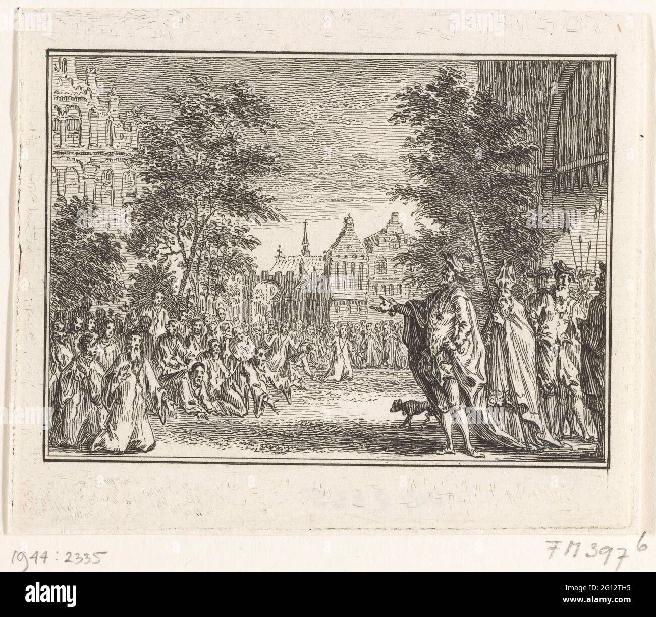 Karel V. bestraft die Einwohner von Gent, 1540. Karel V. bestraft die Einwohner von Gent, weil die Stadt sich weigert, die vereinbarte Steuer zu zahlen. Öffentliche Demütigung am 3. Mai 1540, in der 500 Herren barfuß und mit einer Schlinge bis zum Hals für den Kaiser knien und um Gnade flehen. Stockfoto