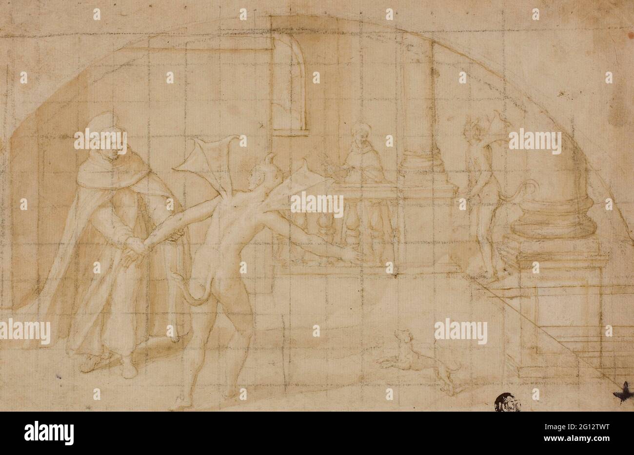 Bernardino Poccetti. Entwurf für eine Lunette: Teufel und Heiliger in einem Kloster - 1604/12 - zugeschrieben Bernardino Poccetti Italienisch, 1548-1612. Stift und Stockfoto