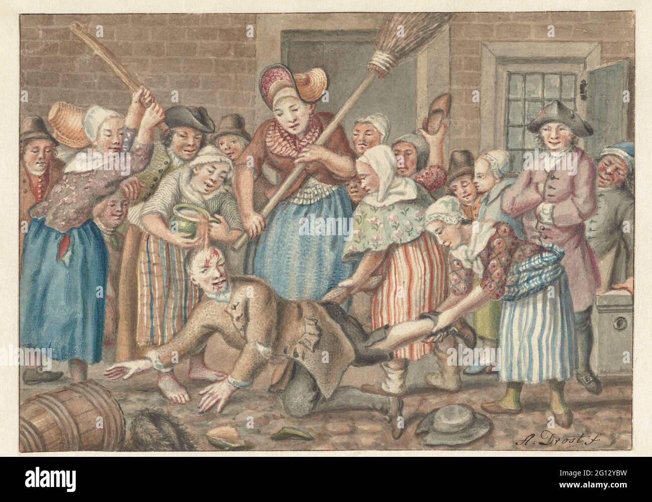 Ein Mann, der seine Frau geschlagen hat, wird 1768 von einer Gruppe von Frauen in der Vinkestraat in Amsterdam bestraft. Stockfoto