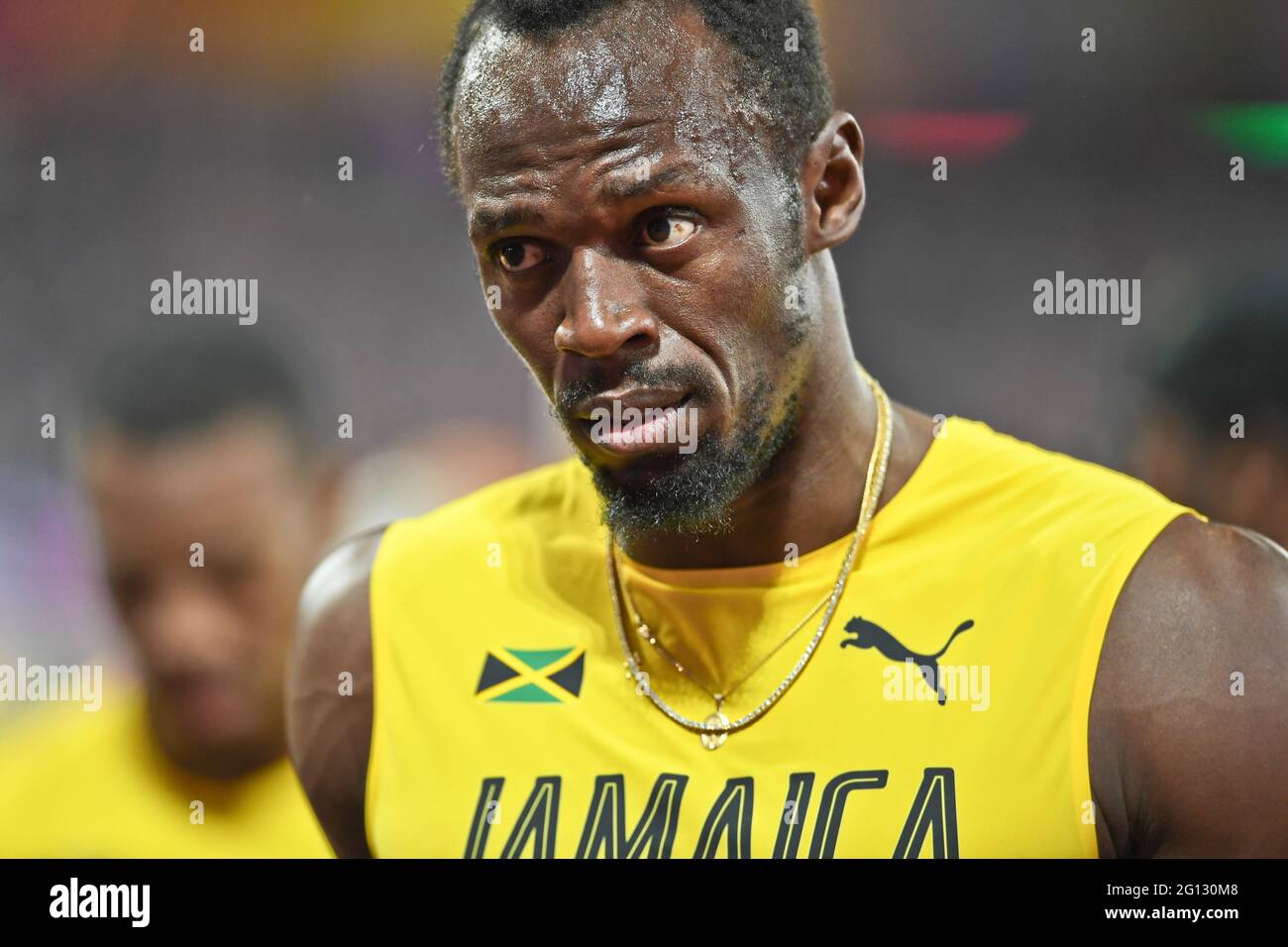 Usain Bolt (Jamaika) hat sich bei seinem letzten Rennen bei den 4x100-Staffeln bei den IAAF Leichtathletik-Weltmeisterschaften London 2017 verletzt Stockfoto