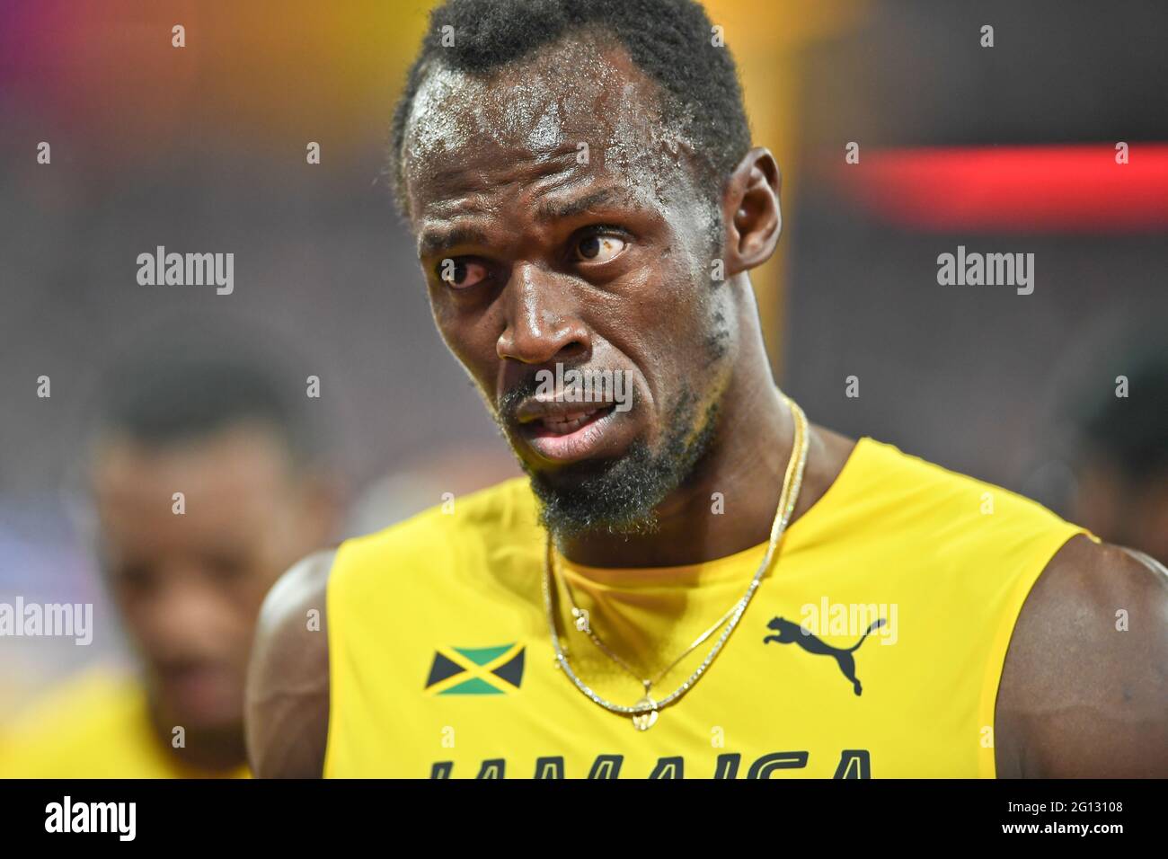 Usain Bolt (Jamaika) hat sich bei seinem letzten Rennen bei den 4x100-Staffeln bei den IAAF Leichtathletik-Weltmeisterschaften London 2017 verletzt Stockfoto