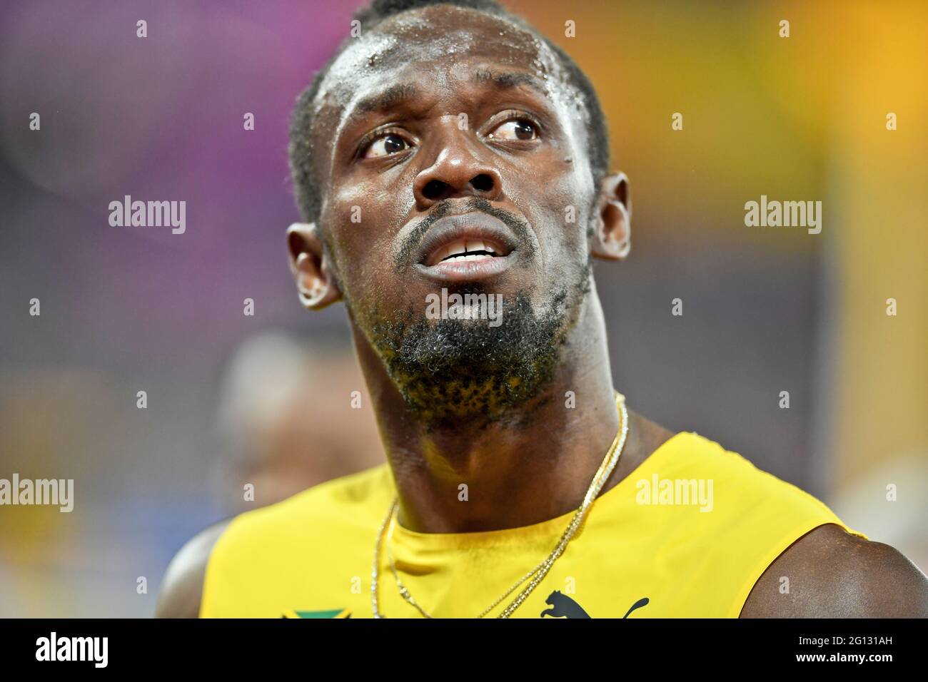 Usain Bolt (Jamaika) hat sich bei seinem letzten Rennen bei den 4x100-Staffeln bei den IAAF Leichtathletik-Weltmeisterschaften London 2017 verletzt Stockfoto