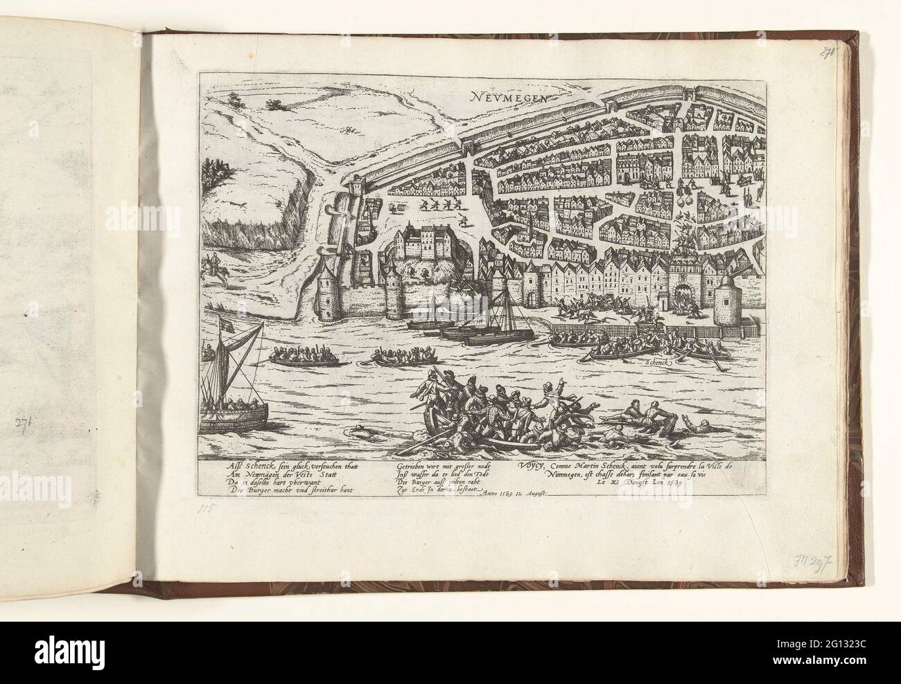 Gescheiterter Angriff auf Nijmegen, 1589; Serie 10: Holländische und ausländische Ereignisse, 1587-1612. Gescheiterter Angriff auf Nijmegen, 10. August 1589. Martin Schenck ertrinkt im Waal. Episode aus dem Keulse-Krieg. Mit einer Bildunterschrift von 8 Regeln auf Deutsch und 3 Regeln auf Französisch. Nicht Nummeriert. Stockfoto