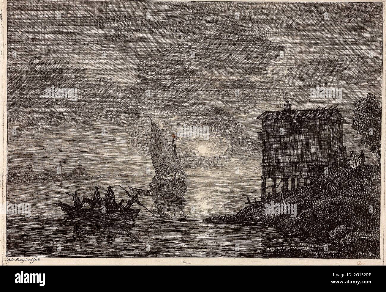 Adrien Manglard. Mondlicht-Hafenszene mit Fähre - 1753/54 - Adrien Manglard Französisch, 1695-1760. Radierung mit einem Hauch von Gravur und Burnishing, auf Stockfoto