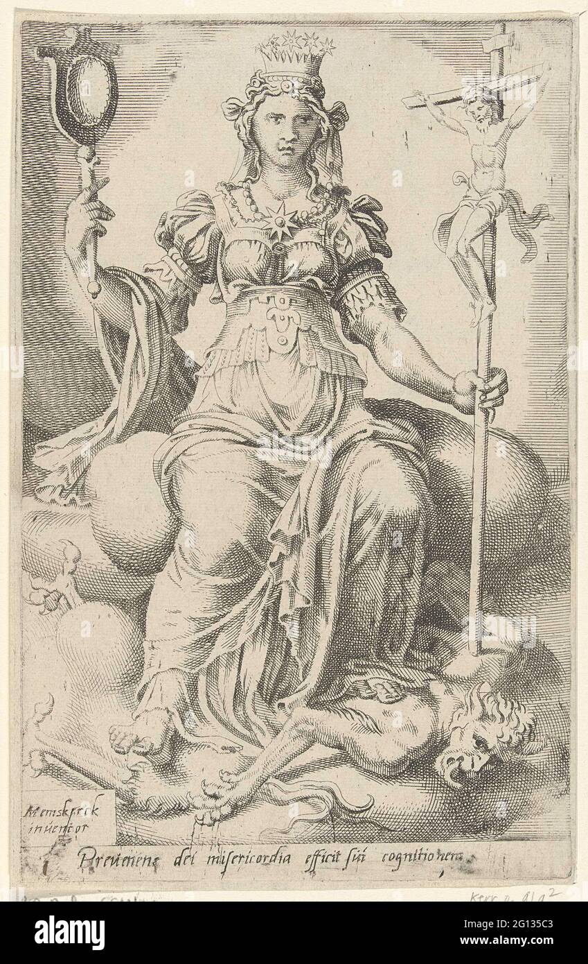 Gottes Gnade triumst den Teufel und bringt Selbsterkenntnis hervor; Jakobs Leiter oder die Allegorie des Weges zum ewigen Heil. Die Personifizierung der Gnade Gottes. Sie trampelt einen Teufel. Gottes Gnade hält den Spiegel der Selbsterkenntnis. Der Druck hat eine lateinische Beschriftung und ist Teil einer vierzehnten Reihe mit dem Thema der Weg zur ewigen Erlösung zu erreichen. Stockfoto