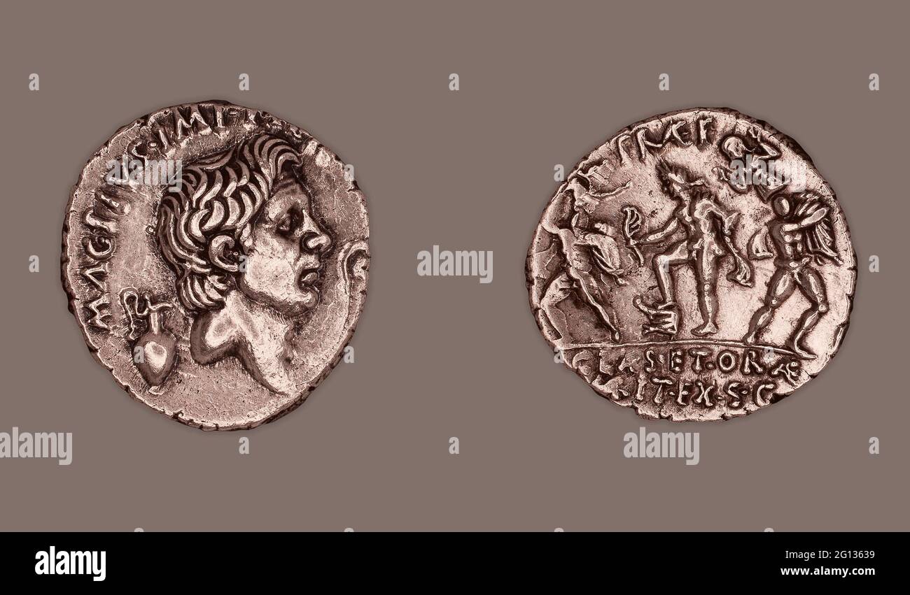 Autor: Altrömisch. Denar (Münze) mit Pompeius dem Großen - 42/40 v. Chr., herausgegeben von der Römischen Republik, Sextus Pompeius Magnus - Roman, geprägt Stockfoto