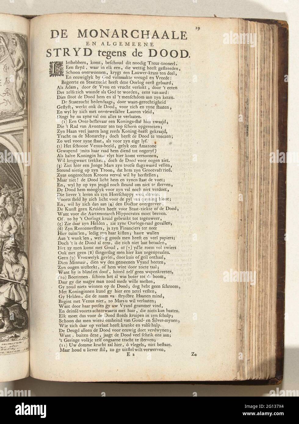 Frisch im Druck mit Todeskampf gegen die Menschheit, ca. 1707-1708; Frost Cresus Dubbeld erlitt den Tod, der ihn und Ligham angibt; das standhafte Monarchye des Todes / 't Lusthof aus Momus. Textblatt mit einem frisch zum Druck gehörenden Text mit der Allegorie, in der der Tod gegen die Menschheit kämpft, auf beiden Seiten, ca. 1707-1708. Teil von: Das standhafte Monarchye des Todes, eine Serie von 8 alten Tafeln mit Versen, die für die Verwendung als Cartoon-Drucke auf Französisch im Kontext des spanischen Erbfolgekrieges geeignet sind. Teil der Druckerei unter dem Sammeltitel 't Lust Court of Momus mit der gebündelten Serie Stockfoto