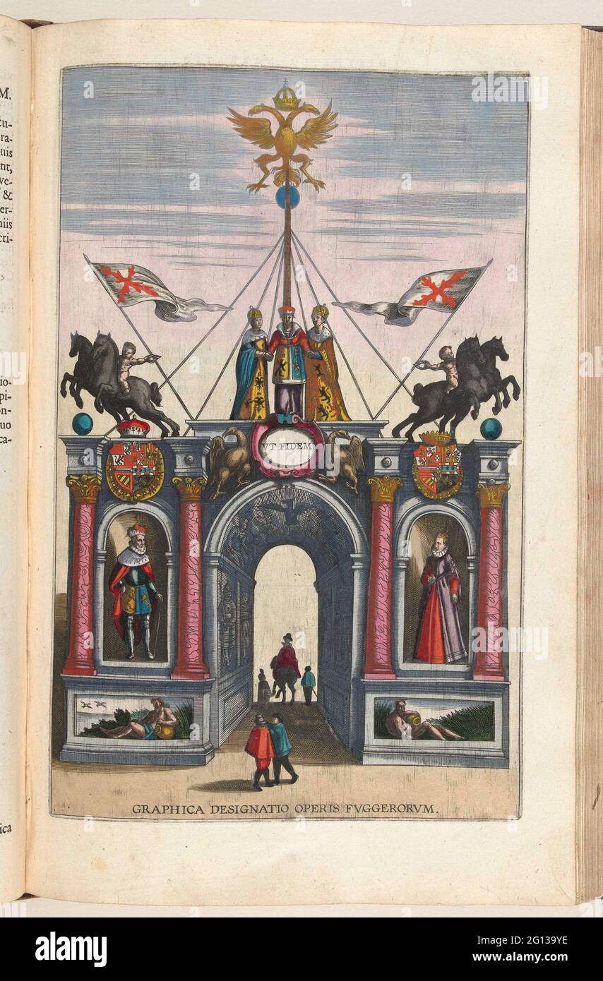 Triumph Port der Fugger-Familie, 1599; Graphica Designatio operis Fuggerorum. Triumph der Familie Fugger, Dezember 1599. Triumphort mit Bildern historischer Fürsten geschmückt. Bei der Ankunft in Antwerpen. Teil von: Historica Narratio Profictionis et Inaugurationis Serenissimorum Belgii Principum Alberti et isabellae Austriae Archiducum, Beschreibung des Eintritts des Paares in Brüssel, Antwerpen, Gent und Valenciennes, 1599. Stockfoto