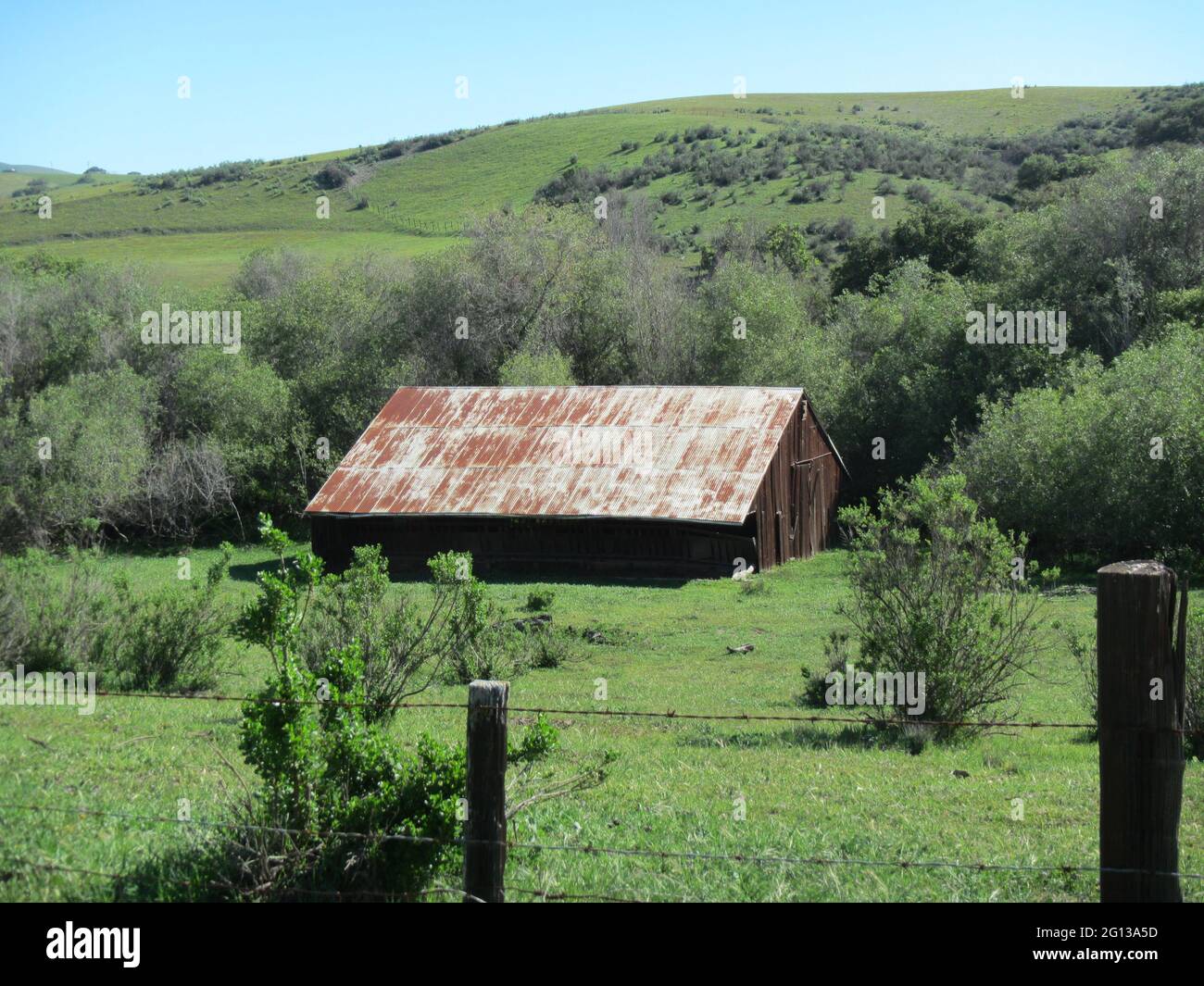 Verlassene rustikale Scheune in der grasbewachsenen Landschaft Stockfoto