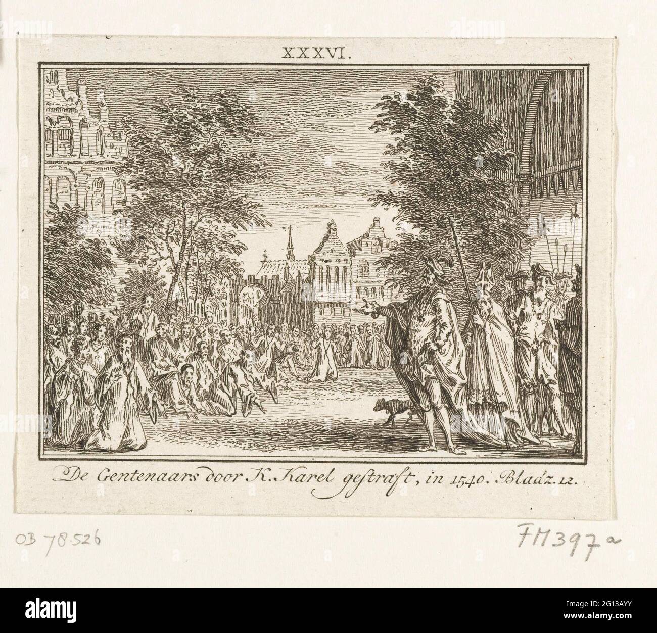 Karel V. bestraft die Bewohner von Gent, 1540, die Gentenaars von K. Karel, 1540. Karel V. bestraft die Einwohner von Gent, weil die Stadt sich weigert, die vereinbarte Steuer zu zahlen. Öffentliche Demütigung am 3. Mai 1540, in der 500 Herren barfuß und mit einer Schlinge bis zum Hals für den Kaiser knien und um Gnade flehen. Stockfoto