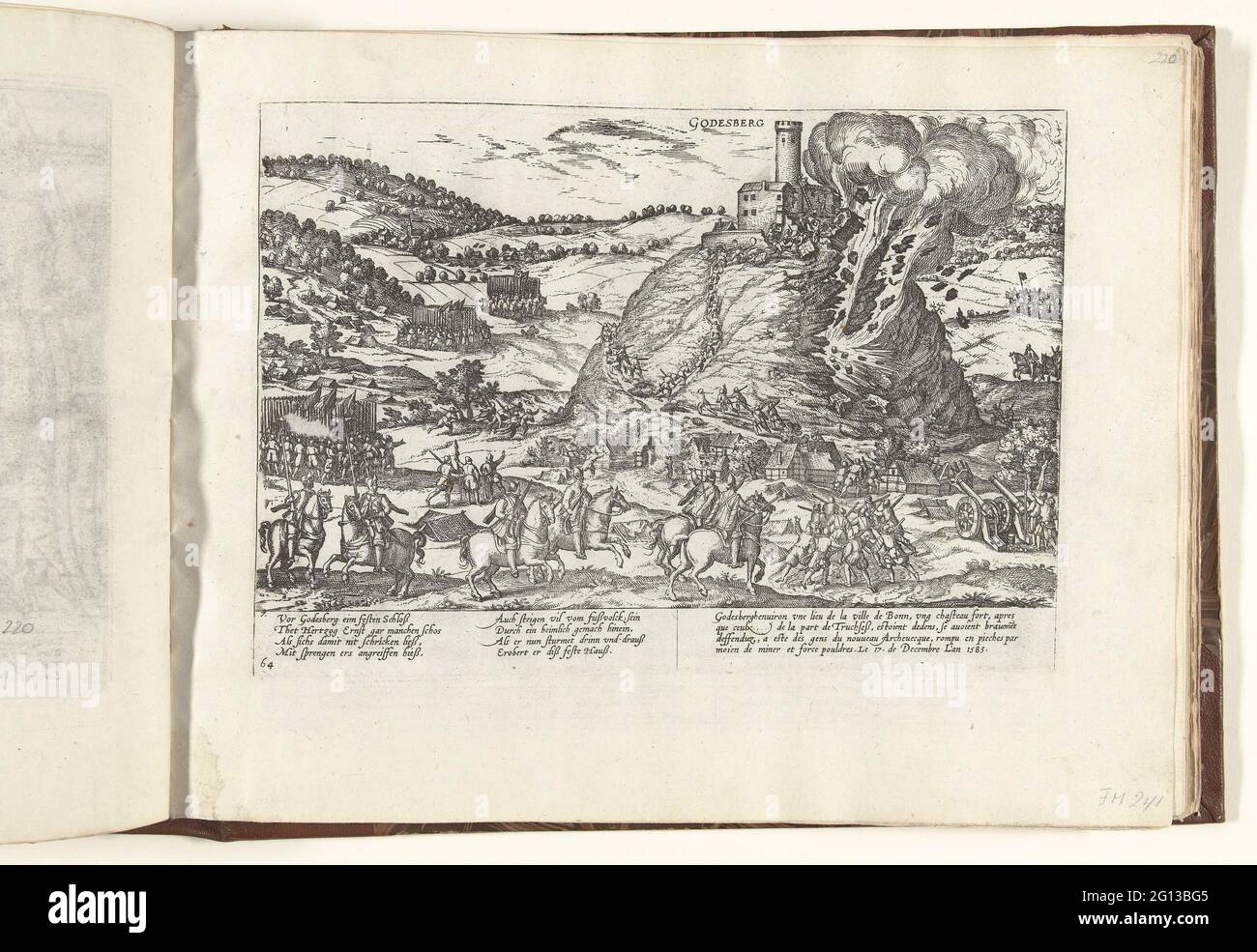 Intake and Destruction of Godesberg, 1583; Serie 9: Niederländische und deutsche Veranstaltungen, 1583-1587. Einnahme und Zerstörung von Godesberg, 17. Dezember 1583. Episode aus dem Keulse-Krieg. Mit einer Bildunterschrift von 8 Regeln auf Deutsch und 4 Regeln auf Französisch. Nummeriert: 64 und 7. Stockfoto