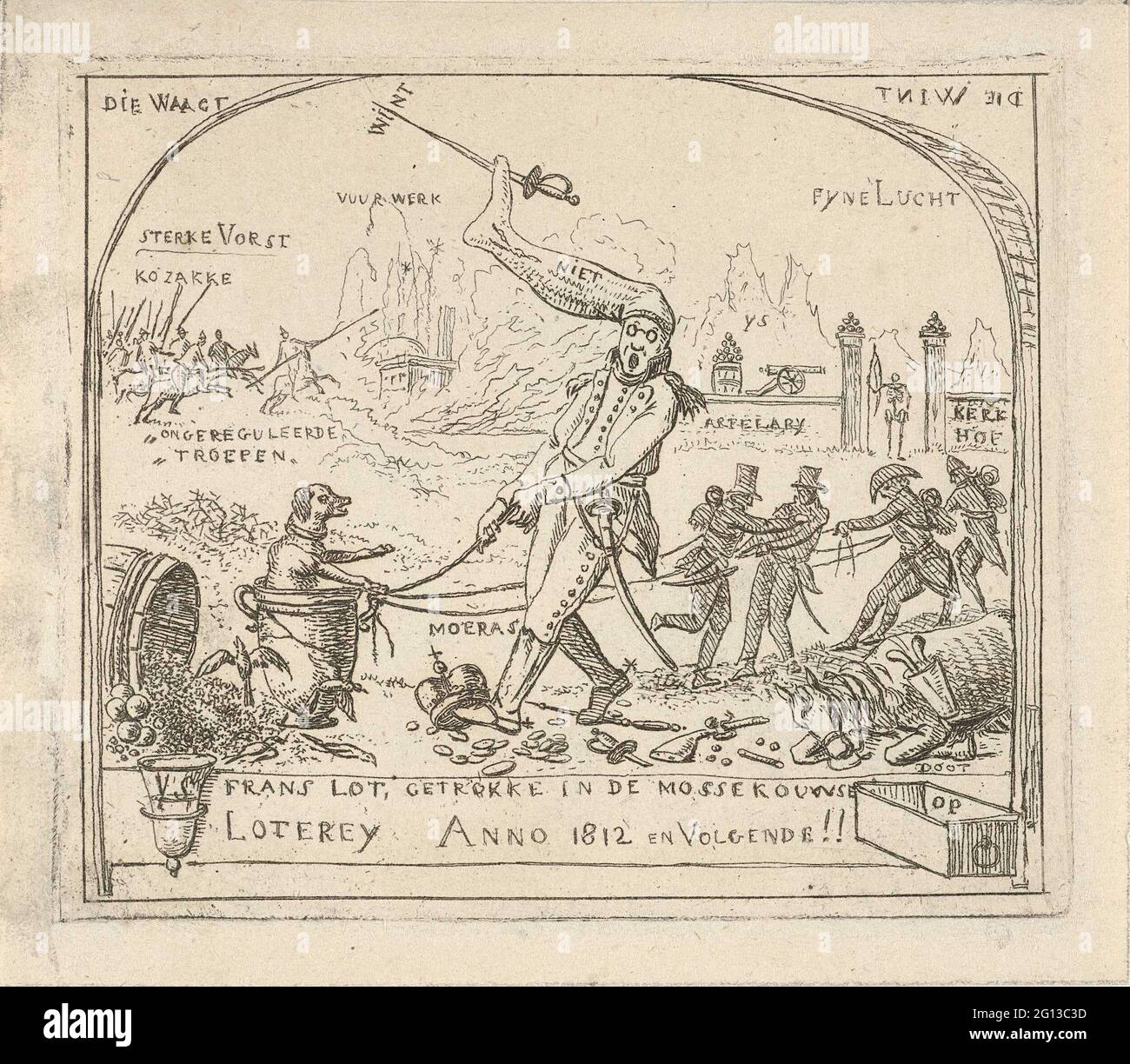 Napoleon zieht einen Hund durch den Sumpf in ein Glas; Cartooning über die Niederlagen der Franzosen im Jahr 1813. Napoleon zieht mit einer Socke auf dem Kopf einen Hund, der sich in einem Glas befindet, durch den Sumpf. Französische Soldaten helfen ihm. Im Hintergrund die französischen Truppen, die von den Kosaken besiegt werden, das Feuerwerk und ein Friedhofsportal mit einem Rahmen eines französischen Soldaten. Unter dem Text: Französisches Los, gezeichnet in der Mossekouw Loterey Anno 1812 und weiter! Stockfoto