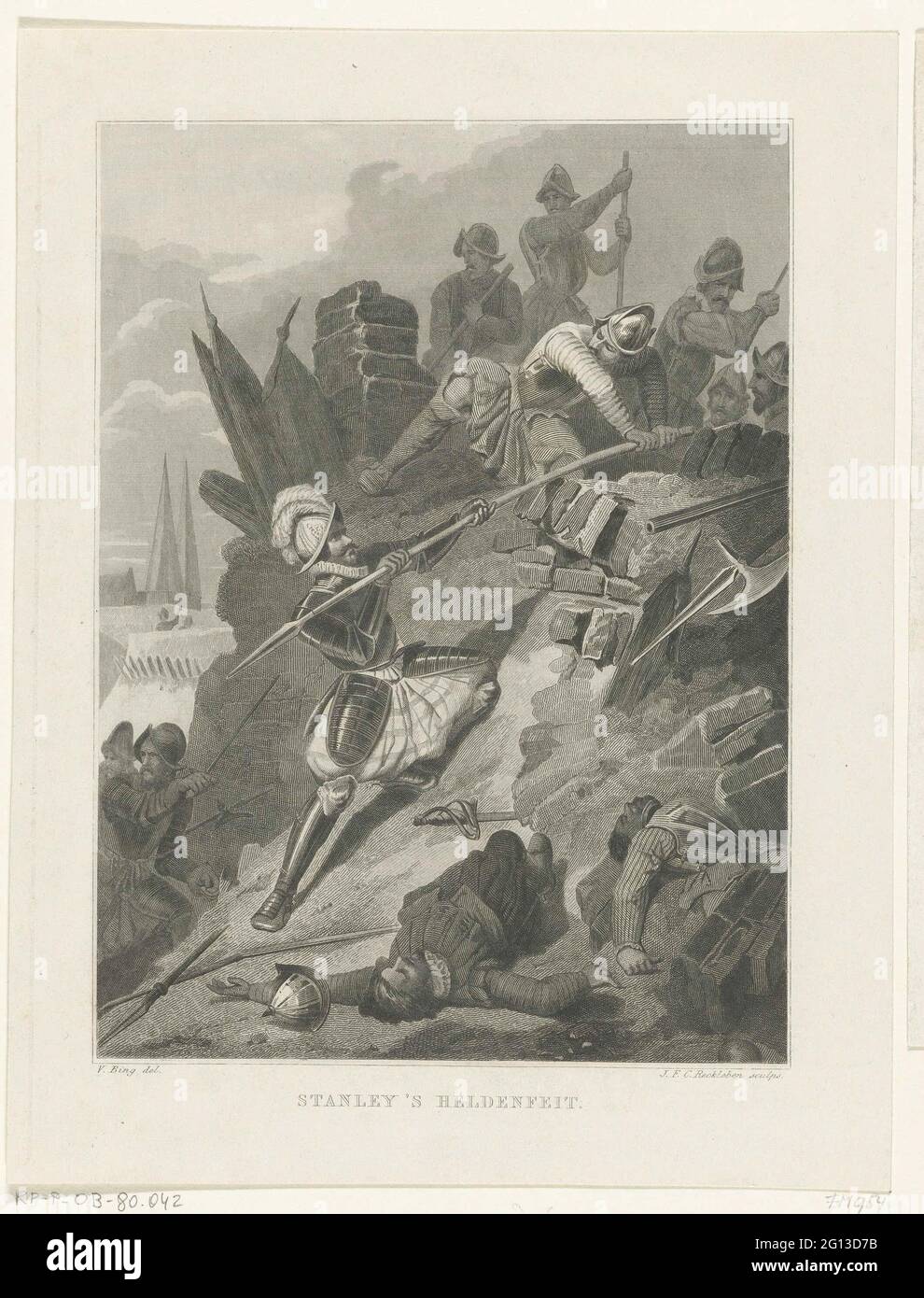 Held von Sir William Russell während der Belagerung von Zutphen, 1586; Stanley's Heldenfabrik. Heroische darge von Sir William Russell während der Belagerung von Zutphen durch die Truppen des Grafen von Leicester, September und Oktober 1586. Russell klettert einen gegnerischen Glanz entlang des Spießes eines Verteidigers. Stockfoto