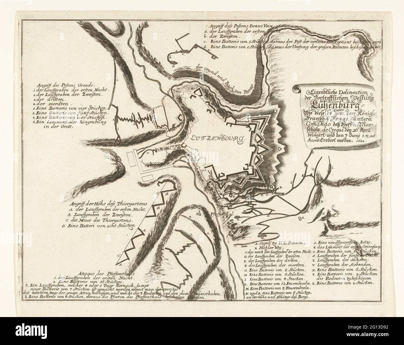 Belagerung von Luxemburg durch die Franzosen, 1684; privat Delination der Vortrefflichen Vestung Lützenburg / WHO dieelbe von der Königl: Frantzhos: Armee Unterm Com [M] Ando Dess Herren Marschals de Crequi den 26. April Belägert, und den 7 Junij S.N. MIT ACCORD Erobert wird 1684. Karte der Verstärkung der Stadt Luxemburg, die vom 26. April unter Marschall François de Créquy und dem Marquis de Vauban von der französischen Armee belagert und am 4. Juni 1684 erobert wurde. Karte, auf der mit Zahlen und Buchstaben die Positionen der Schützengräben und Batterien vom Beleiger eingescannt werden. Stockfoto