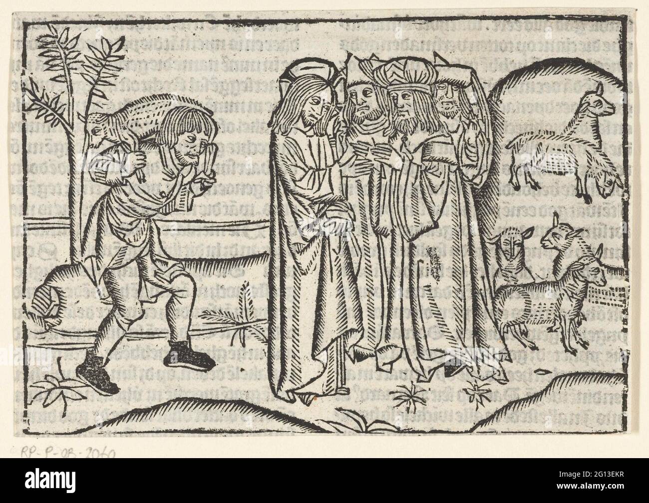 Gleichnis vom verlorenen Schaf. Christus mit drei Männern, Schafherde und Hirte mit Schafen auf