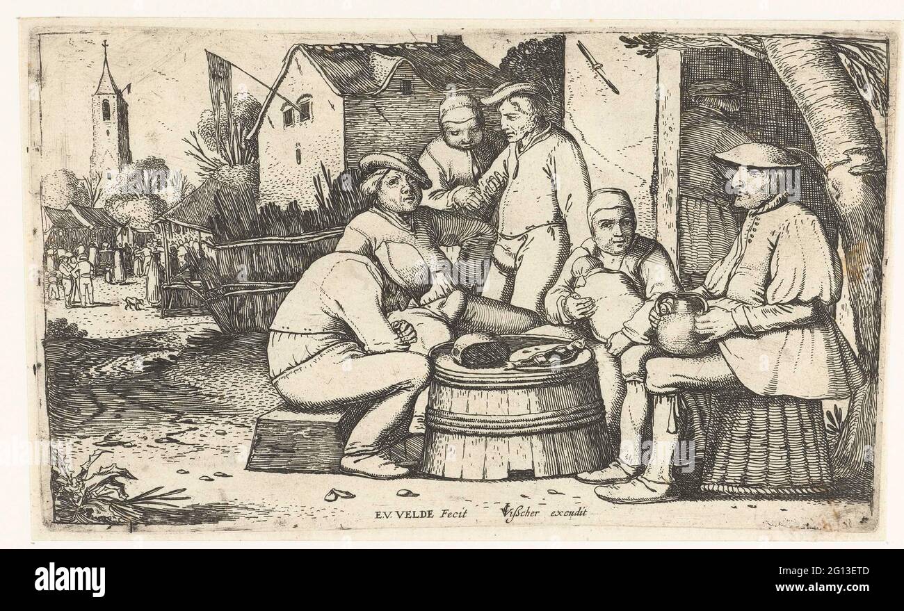 Sechs Bauern sitzen um eine Tonne in einem Gasthaus. Dorpsstraat mit Bauern in einem Gasthaus. Sie sitzen auf einer spärlichen Mahlzeit mit einem Brot und einem Fisch in einer halben Wanne. Das ist trügerisch, weil einer der Bauern einen großen Getränkekrug auf dem Schoß hat und ein anderer bereits so viel getrunken hat, dass er von einer Frau unterstützt wird. Im Hintergrund küsst sich ein Bauer. Stockfoto