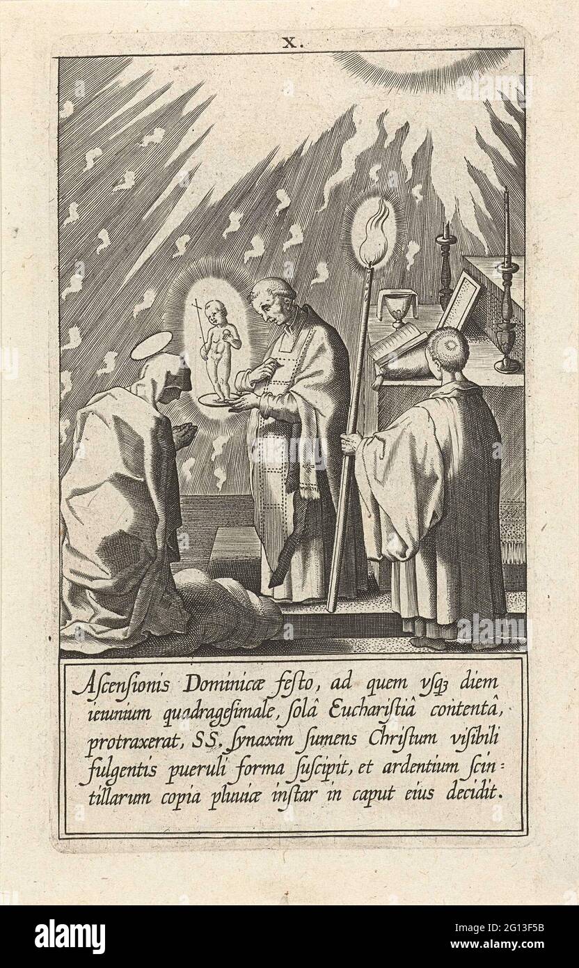 Catharina hat eine Vision von Christus während der Eucharistie; das Leben von Siena H. Catharina. Während der Eucharistiefeier erscheint Christus als kleiner Junge für Catharina in der Kirche. Anstelle des Priesters bietet Christus Catharina den Feindseligkeiten an. Teil einer Serie über Catharina van Siena, bestehend aus einem Titelbild, einem Porträt und 32 nummerierten Szenen aus ihrem Leben. Stockfoto