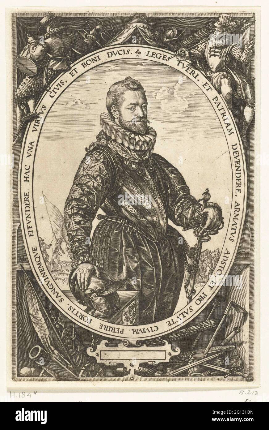 Porträt von Jacques de la Faille. Porträt von Jacques de la Faille (1548-1615), Oberst der Antwerpener Zivilgarde, nach 1584 Kaufmann in Haarlem. Stehend, nach links gedreht, rechte Hand auf Helm gelehnt, linke Hand auf Schwert. Vorname gekleidet. In oval mit einem peripheren. Anhänger des Portraits der Frau Josina Hamels. Stockfoto