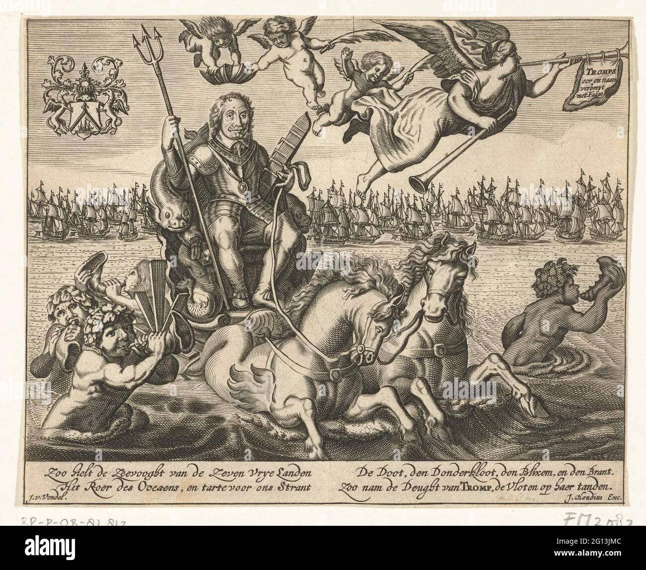 Sayer zu Ehren von Maarten Tromp, der 1653 in der Seeschlacht bei Terheide getötet wurde. Admiral Maarten Tromp, der am 10. August 1653 in der Seeschlacht bei Terheide in einem von Pferden gezogenen und von Tritons begleiteten Segelanhänger fuhr. In seinen Händen ein Dreizack und ein Schiffsruder. In der Luft der Ruhm mit zwei Trompeten und drei Engeln. Ein Engel krönt trump mit einer Schiffskrone. Im Hintergrund eine Flotte Schiffe, in der Luft die Waffe des Trommler. Vier Regeln in der Beschriftung. Stockfoto
