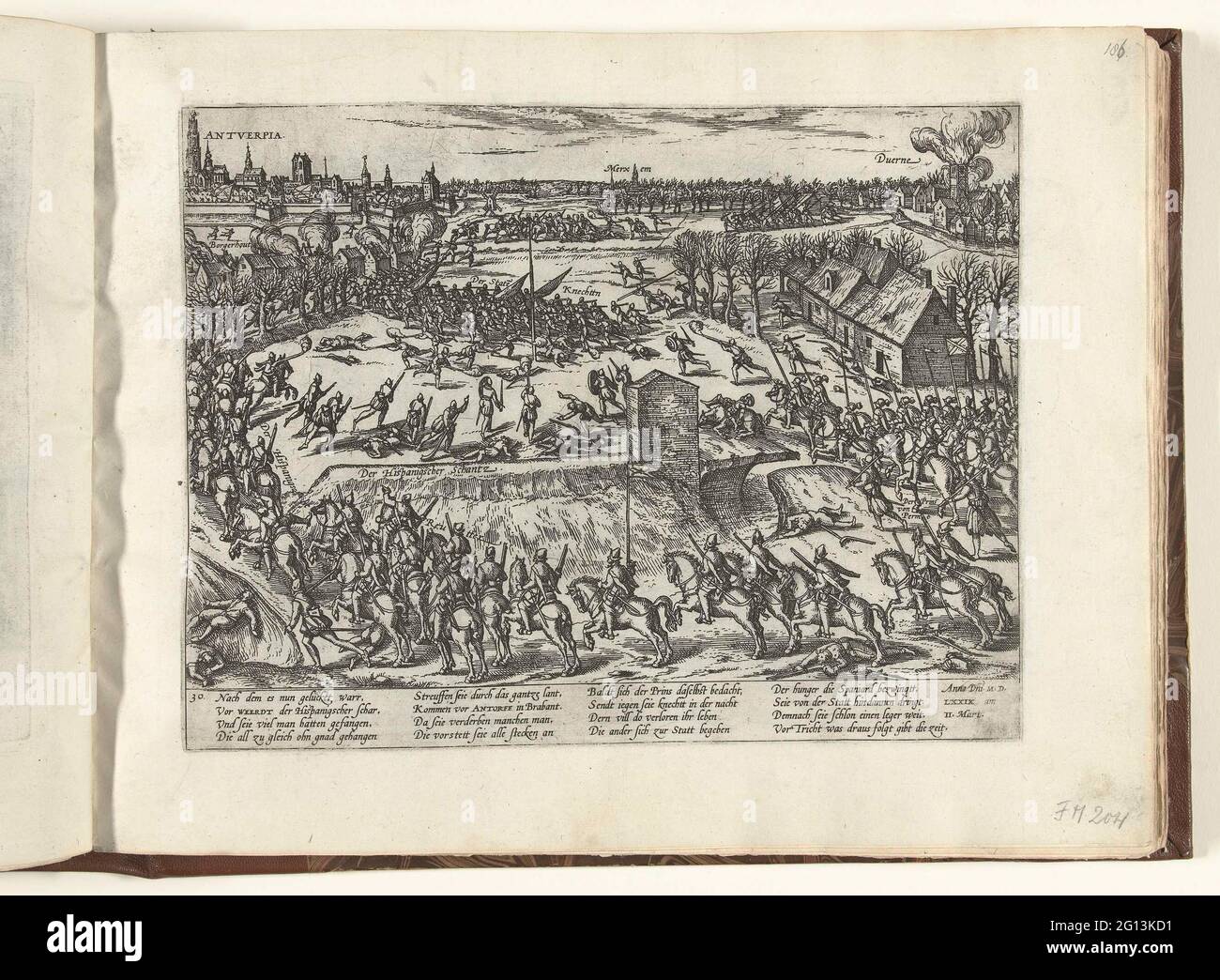 Schlacht von Borgerhout, 1579; Serie 8: Niederländische Veranstaltungen, 1577-1583. Schlacht von Borgerhout in Antwerpen am 2. März 1579 zwischen der Staatsarmee und der Armee des Herzogs von Parma. Im Vordergrund spanische Reiter und eine spanische Chance. In der Ferne die Dörfer Merksem und Deurne, links Borgerhout und Antwerpen. Mit einer Bildunterschrift von 16 Zeilen in deutscher Sprache. Nummeriert: 30. Stockfoto