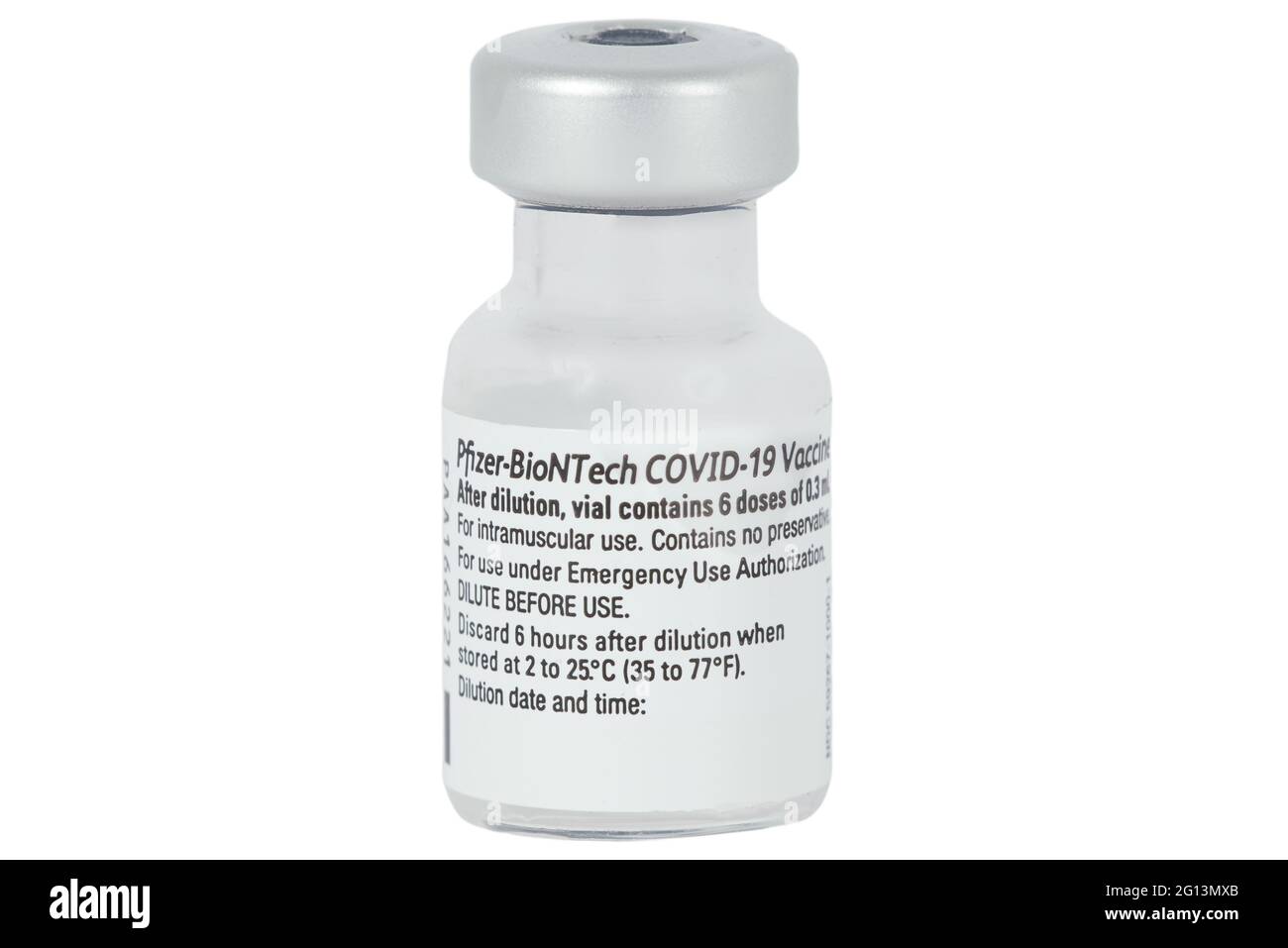 Ausschnitt aus der Pfizer - BioNTech Covid-19 Impfstoffflasche Stockfoto