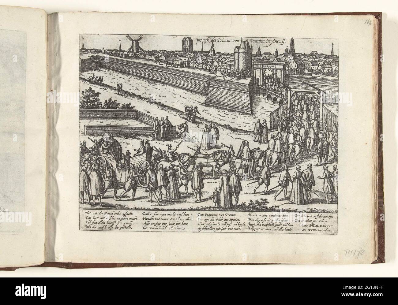 Eintritt des Prinzen von Oranien in Antwerpen, 1577; Investition der Prinzen von Uranien in Antorff; Serie 8: Niederländische Veranstaltungen, 1577-1583. Eintritt des Prinzen von Oranien in Antwerpen, 18. September 1577. Stoet mit dem Prinzen von Orange im offenen Auto zieht die Stadt durch den Roopoort/Rodepoort an. Mit einer Bildunterschrift von 18 Regeln in deutscher Sprache. Nummeriert: 7. Stockfoto