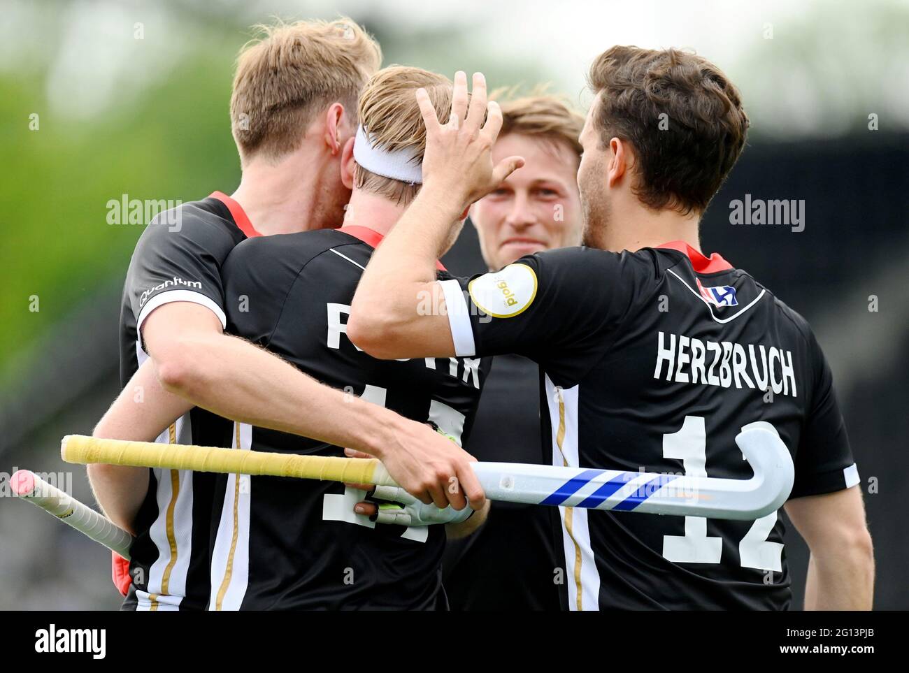 Amstelveen, Niederlande. Januar 2020. Hockey, Männer: Europameisterschaft, Deutschland - Wales, Vorrunde, Gruppe B, Spieltag 1: Niklas Wellen (l-r), Christopher Rühr, Paul-Philipp und Timm Herzbruch aus Deutschland. Kredit: Frank Uijlenbroek/dpa/Alamy Live Nachrichten Stockfoto