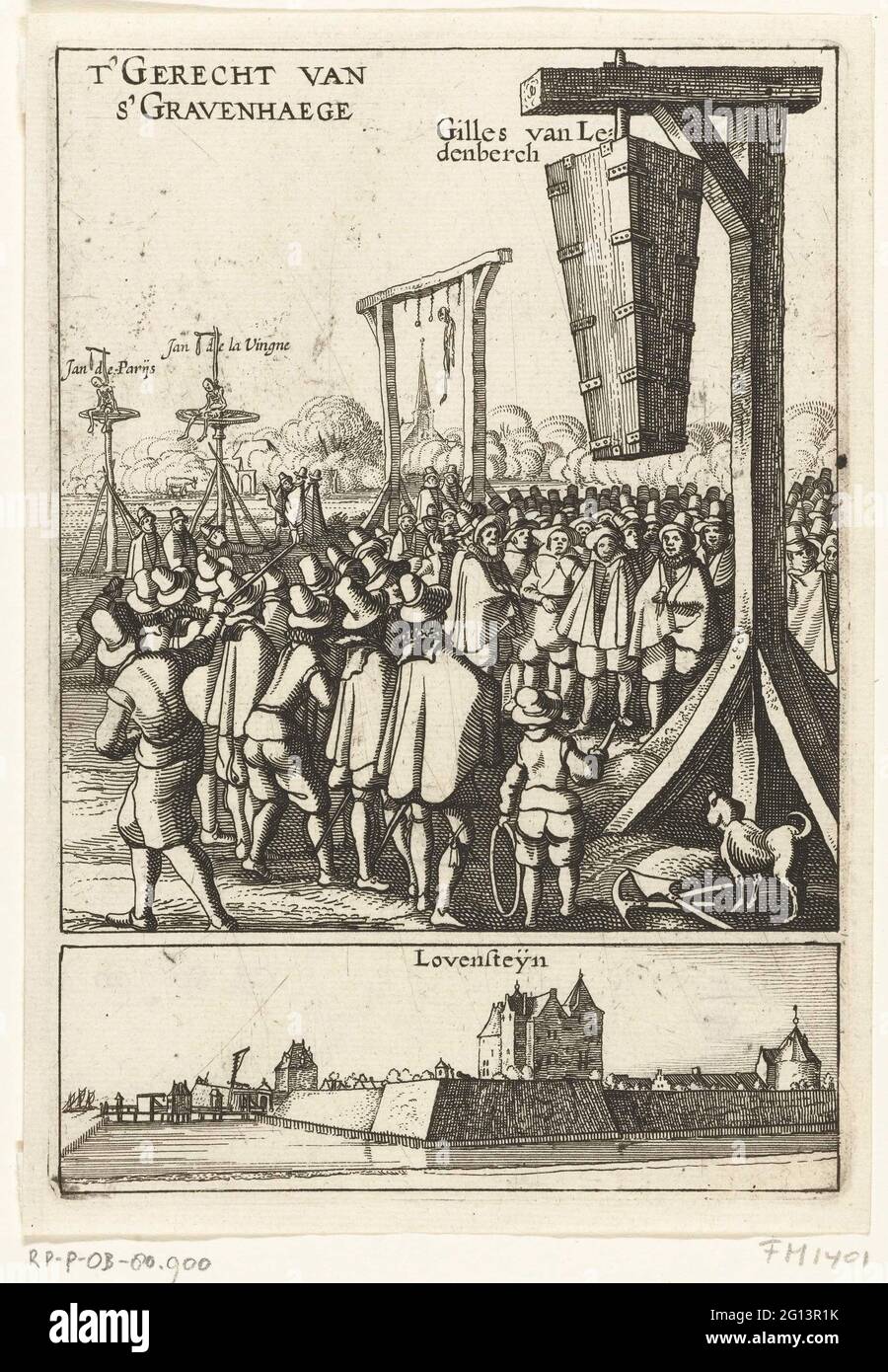 Der Sarg von Memenberg ist auf dem Galgen aufgehängt, 1619; Tauren van S'gravenhaege. Der Sarg mit den Überresten von Gilles vom Members Mountain wird am 15. Mai 1619 an den Galgen außerhalb von Den Haag gehängt. Van Menberg hatte in der Nacht vom 28. Auf den 29. September 1618 Selbstmord begangen und wurde im Mai 1619 zum Tode verurteilt. Loevestein-Steckplatz. Stockfoto