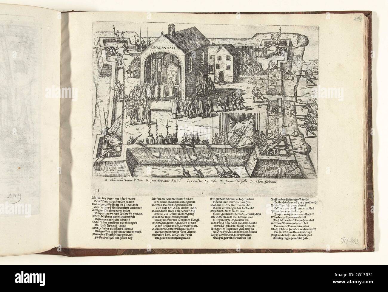 Parma und der päpstliche Gesandte in Gnadental, 1586; Serie 9: Niederländische und deutsche Veranstaltungen, 1583-1587. Der Herzog von Parma wird vom päpstlichen Gesandten für seine Verdienste gepriesen, Szene in einer Kirche im Gnadental in Neuss, 1. August 1586. Episode aus dem Keulse-Krieg. Mit der Beschriftung in der Platte nur die Aussage aus den Buchstaben A-D. Unter Druck im Buchdruck eine Bildunterschrift von vier Spalten zu je 14 Zeilen in deutscher Sprache. Nummeriert: 103. Stockfoto